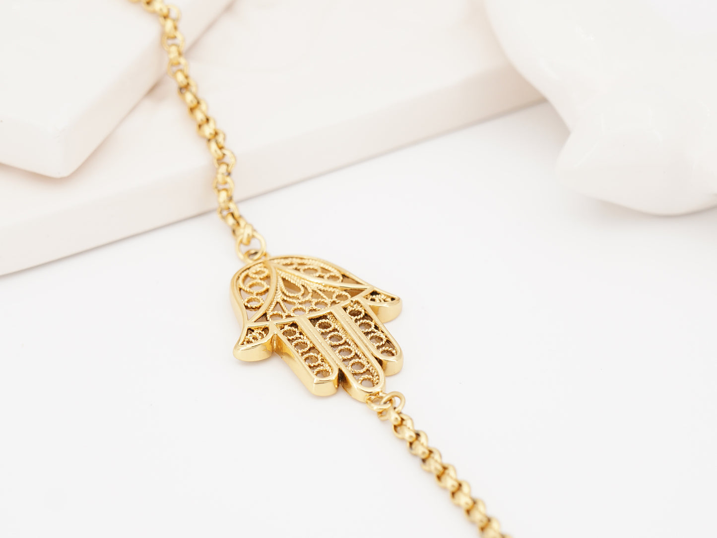Pulseira Mão de Fátima, Inspirado na Filigrana Portuguesa, Aço Inoxidável Dourado
