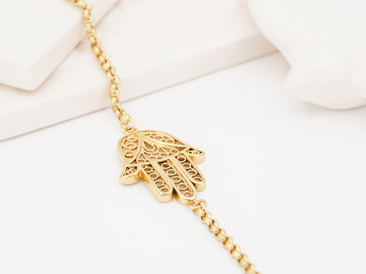 Pulseira Mão de Fátima, Inspirado na Filigrana Portuguesa, Aço Inoxidável Dourado