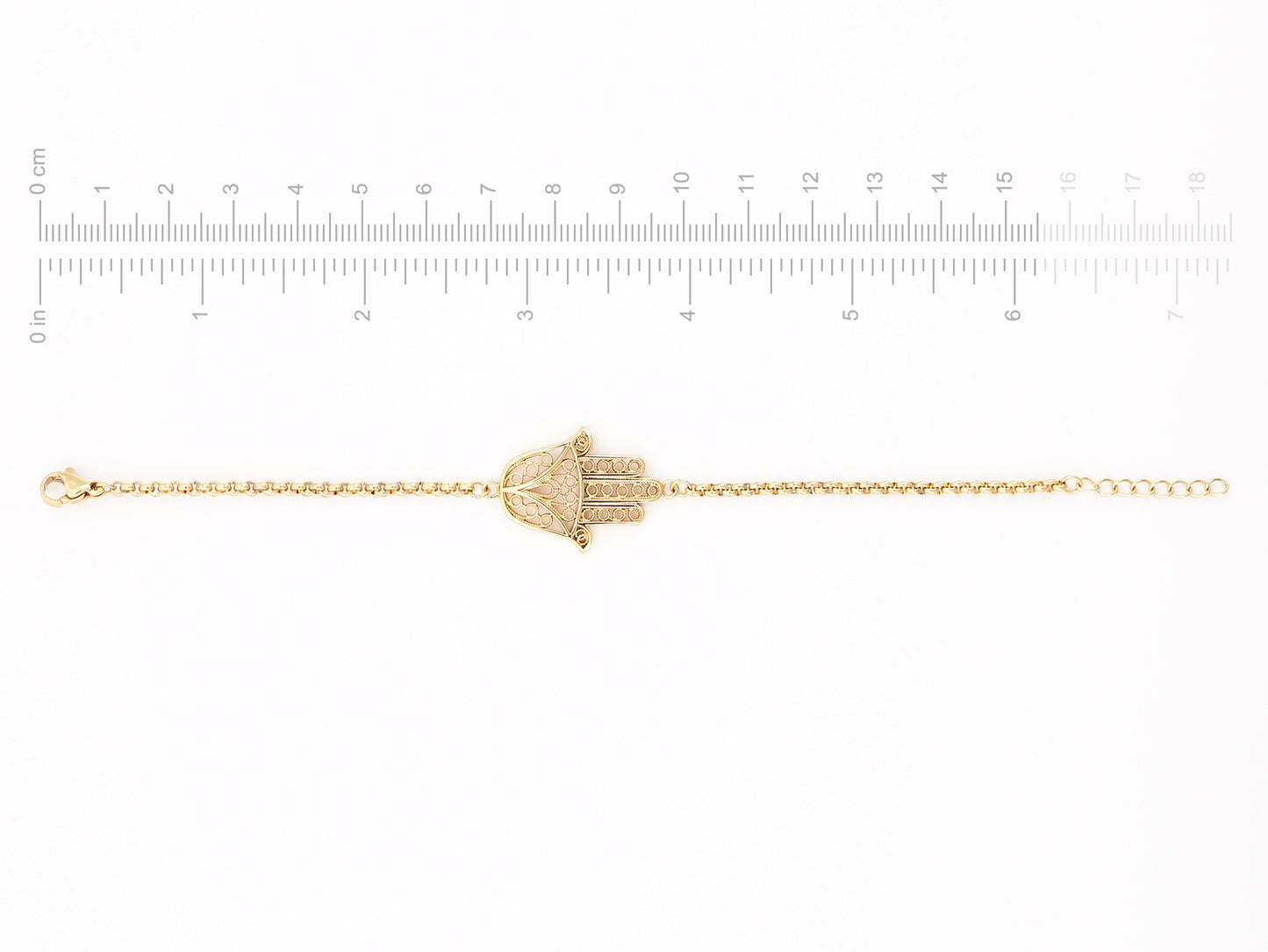 Pulseira Mão de Fátima, Inspirado na Filigrana Portuguesa, Aço Inoxidável Dourado - Medidas