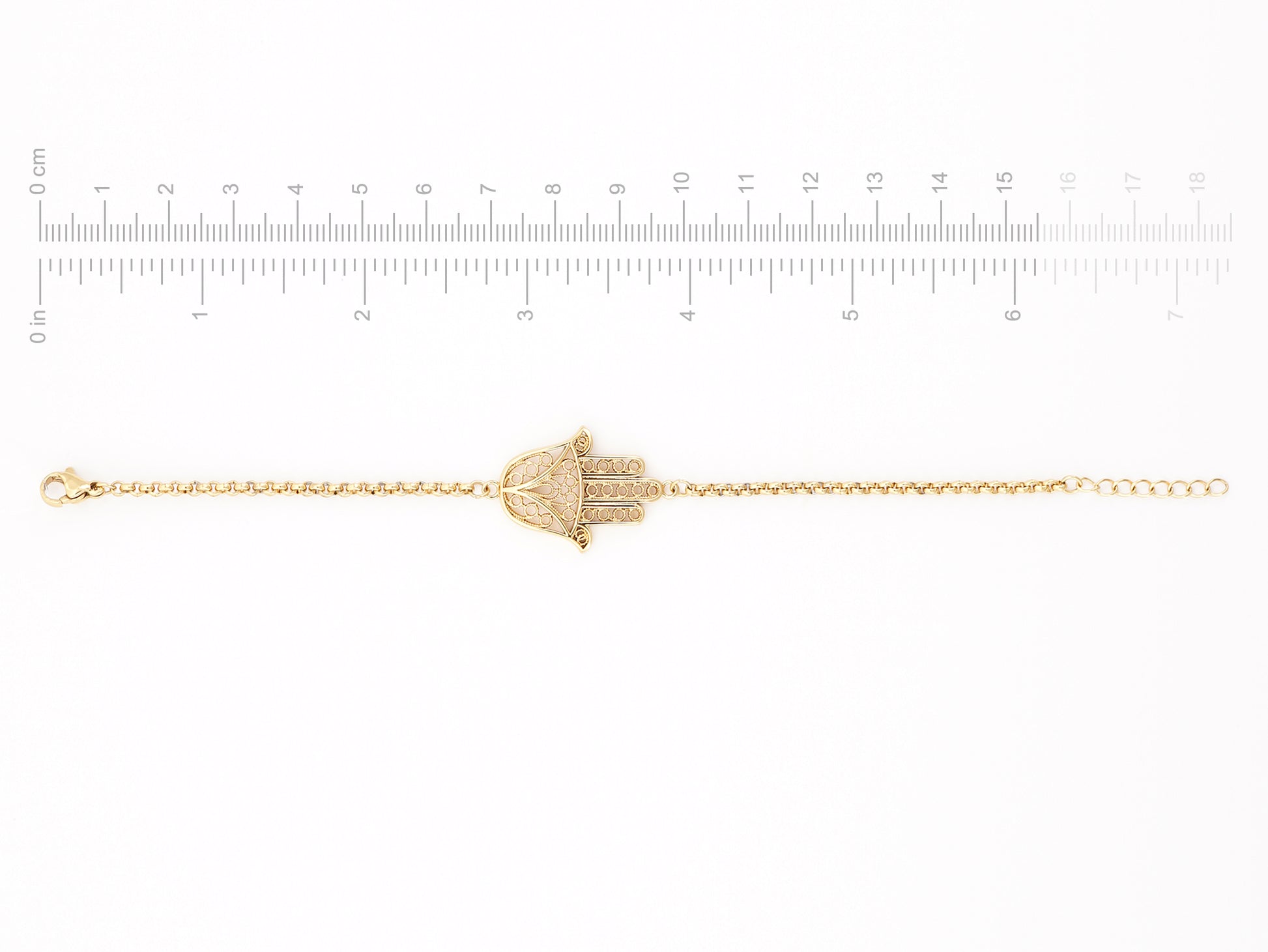 Pulseira Mão de Fátima, Inspirado na Filigrana Portuguesa, Aço Inoxidável Dourado - Medidas