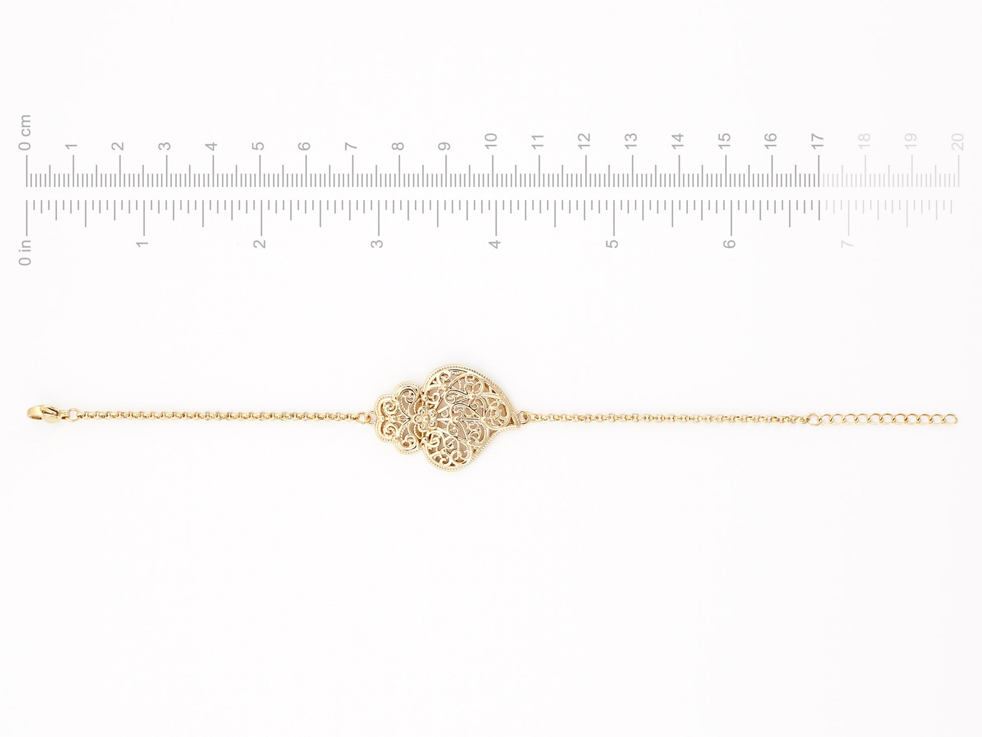 Pulseira Coração de Viana Tradicional, Inspirado na Filigrana Portuguesa, Aço Inoxidável Dourado - Medidas