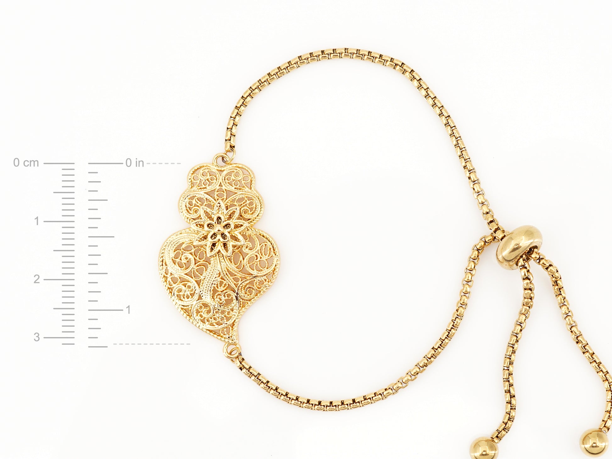Pulseira Coração de Viana Tradicional, Inspirado na Filigrana Portuguesa, Aço Inoxidável Dourado - Medidas