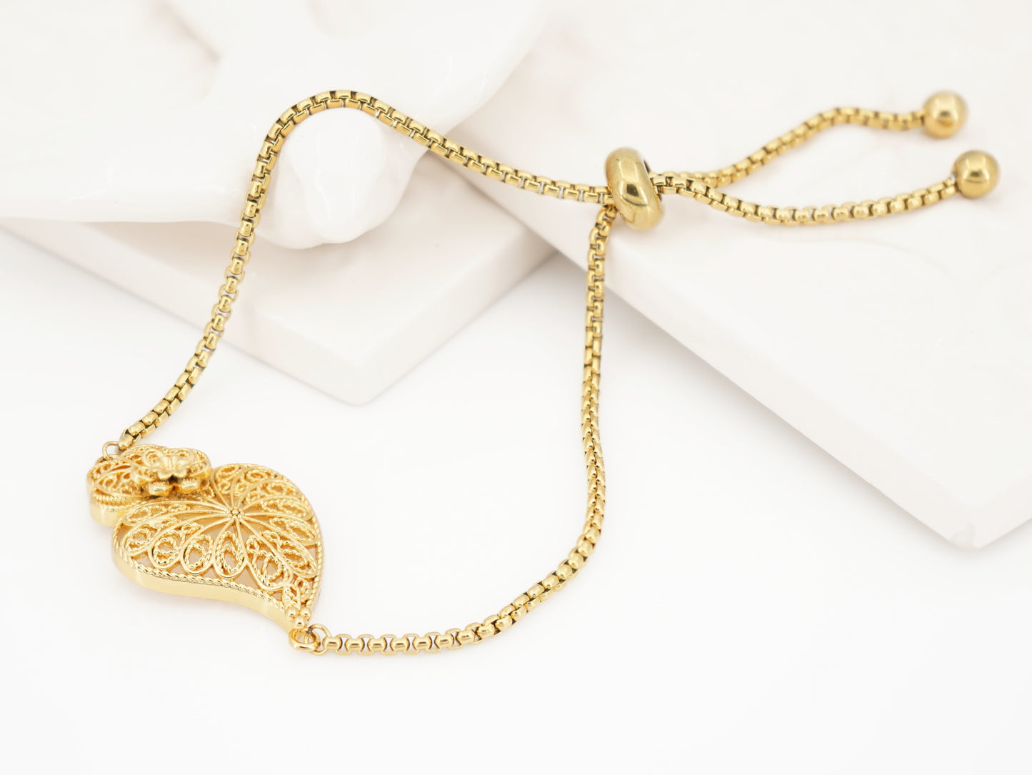 Pulseira Coração de Viana Tradicional, Inspirado na Filigrana Portuguesa, Aço Inoxidável Dourado