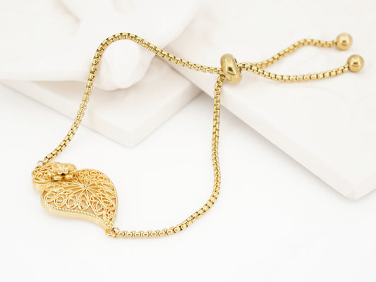 Pulseira Coração de Viana Tradicional, Inspirado na Filigrana Portuguesa, Aço Inoxidável Dourado
