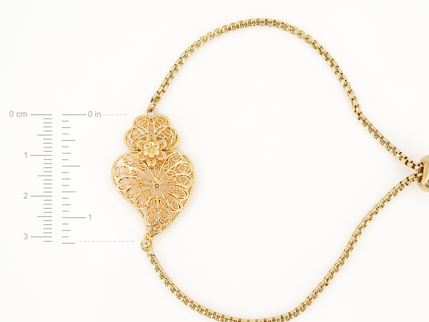 Pulseira Coração de Viana Tradicional, Inspirado na Filigrana Portuguesa, Aço Inoxidável Dourado - Medidas