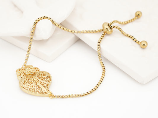 Pulseira Coração de Viana Tradicional, Inspirado na Filigrana Portuguesa, Aço Inoxidável Dourado