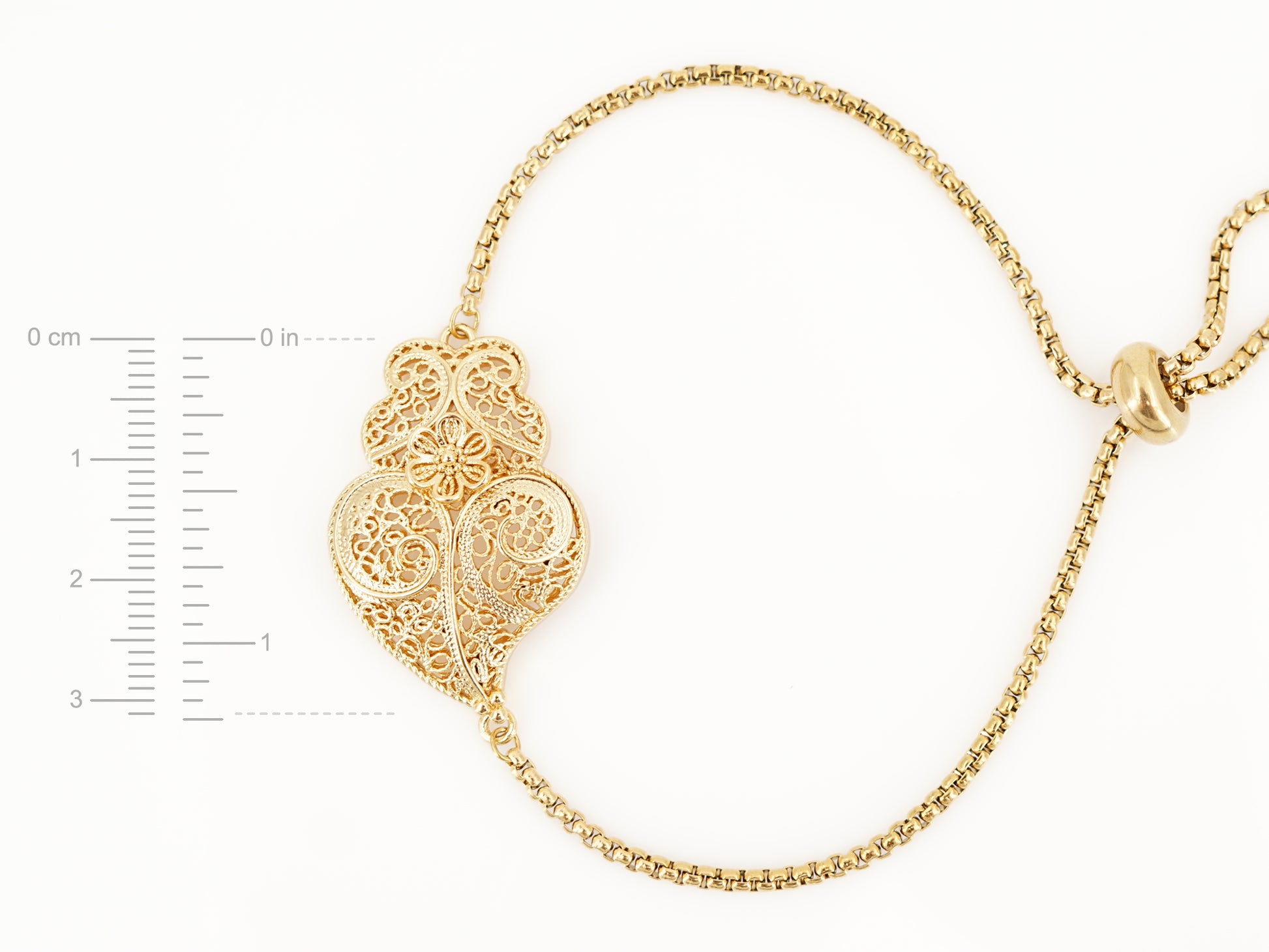 Pulseira Coração de Viana Tradicional, Inspirado na Filigrana Portuguesa, Aço Inoxidável Dourado - Medidas