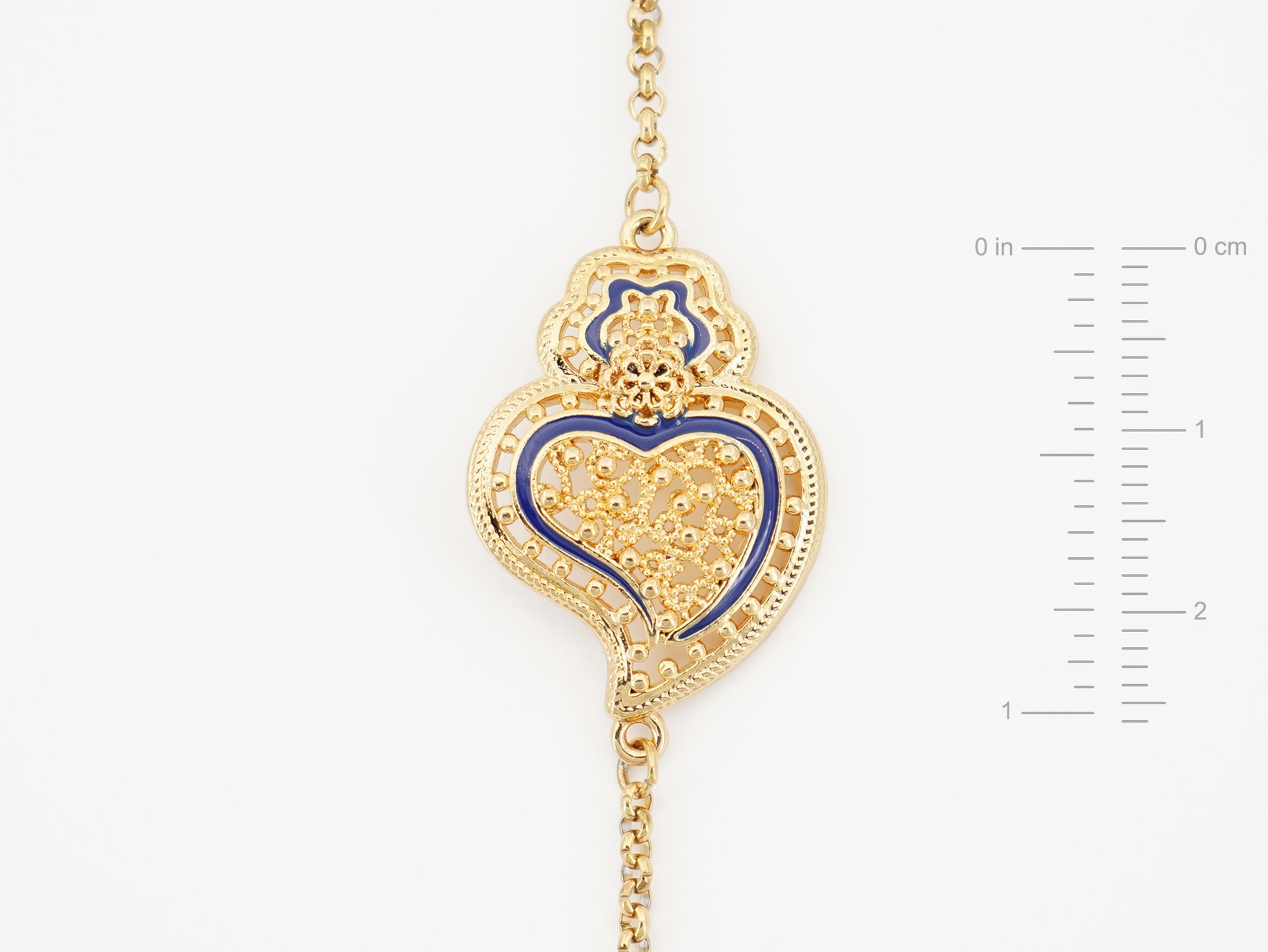 Pulseira Coração de Viana Tradicional com Pormenores Azuis, Inspirado na Filigrana Portuguesa, Aço Inoxidável Dourado - Medidas