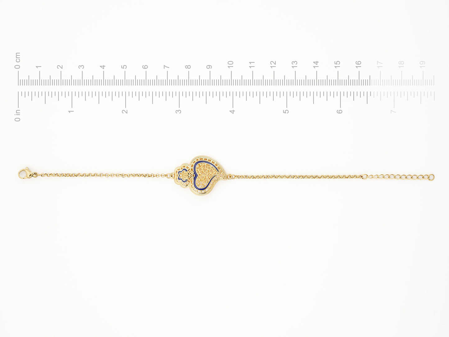 Pulseira Coração de Viana Tradicional com Pormenores Azuis, Inspirado na Filigrana Portuguesa, Aço Inoxidável Dourado - Medidas