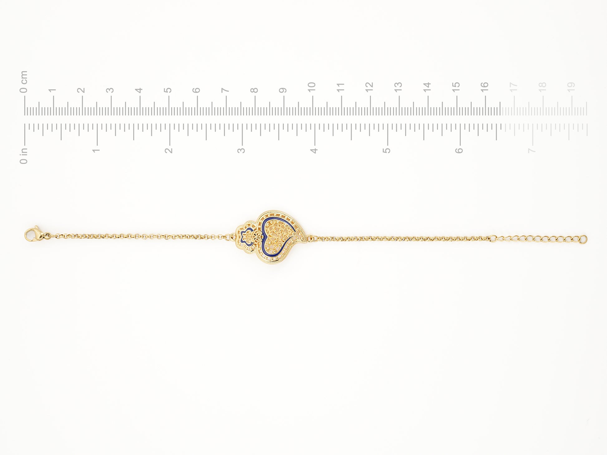 Pulseira Coração de Viana Tradicional com Pormenores Azuis, Inspirado na Filigrana Portuguesa, Aço Inoxidável Dourado - Medidas