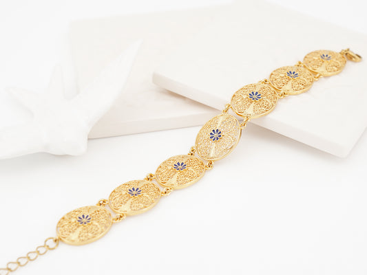 Pulseira Ovais com Pormenores Azuis, Inspirado na Filigrana Portuguesa, Aço Inoxidável Dourado