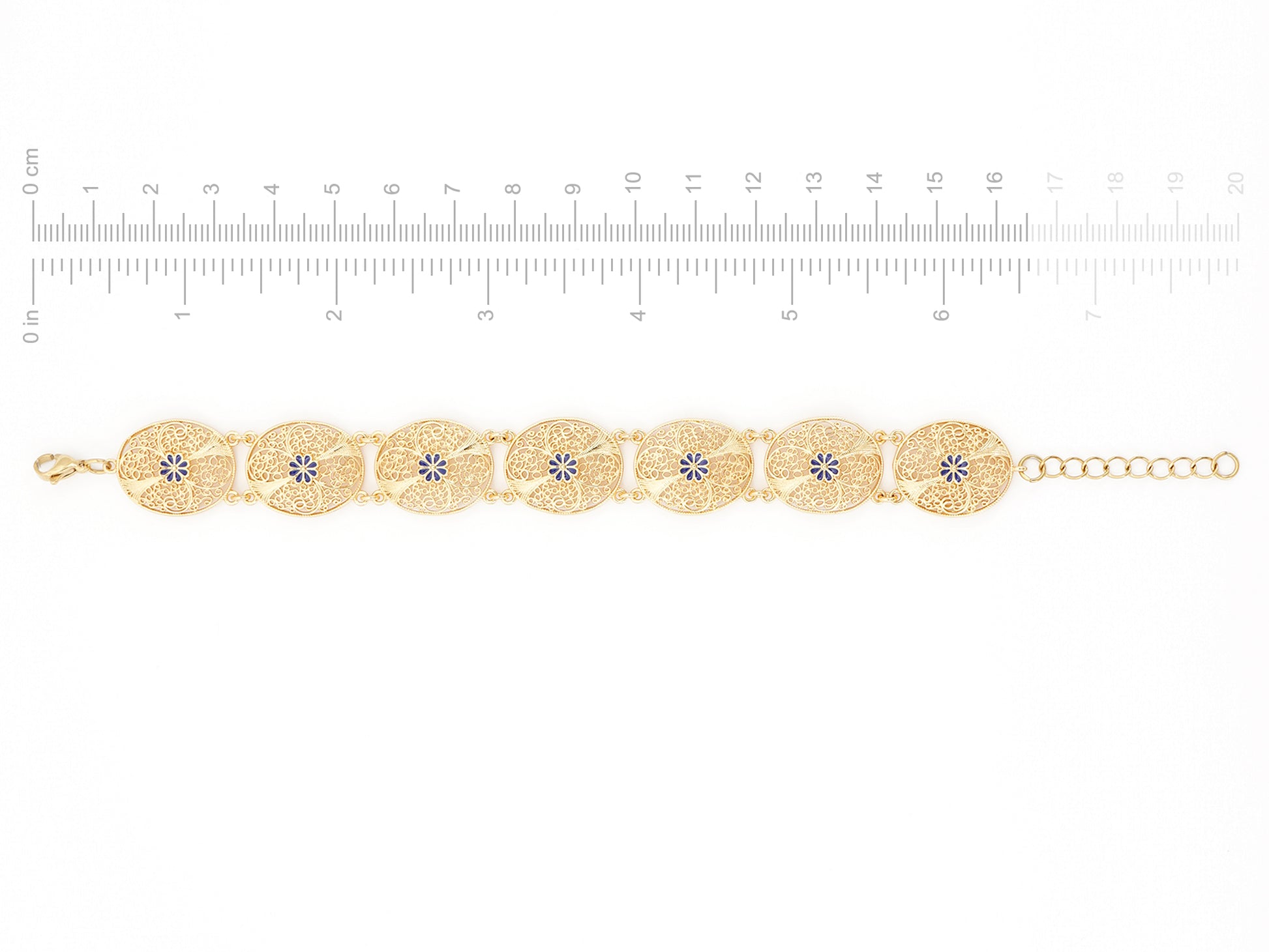 Pulseira Ovais com Pormenores Azuis, Inspirado na Filigrana Portuguesa, Aço Inoxidável Dourado - Medidas