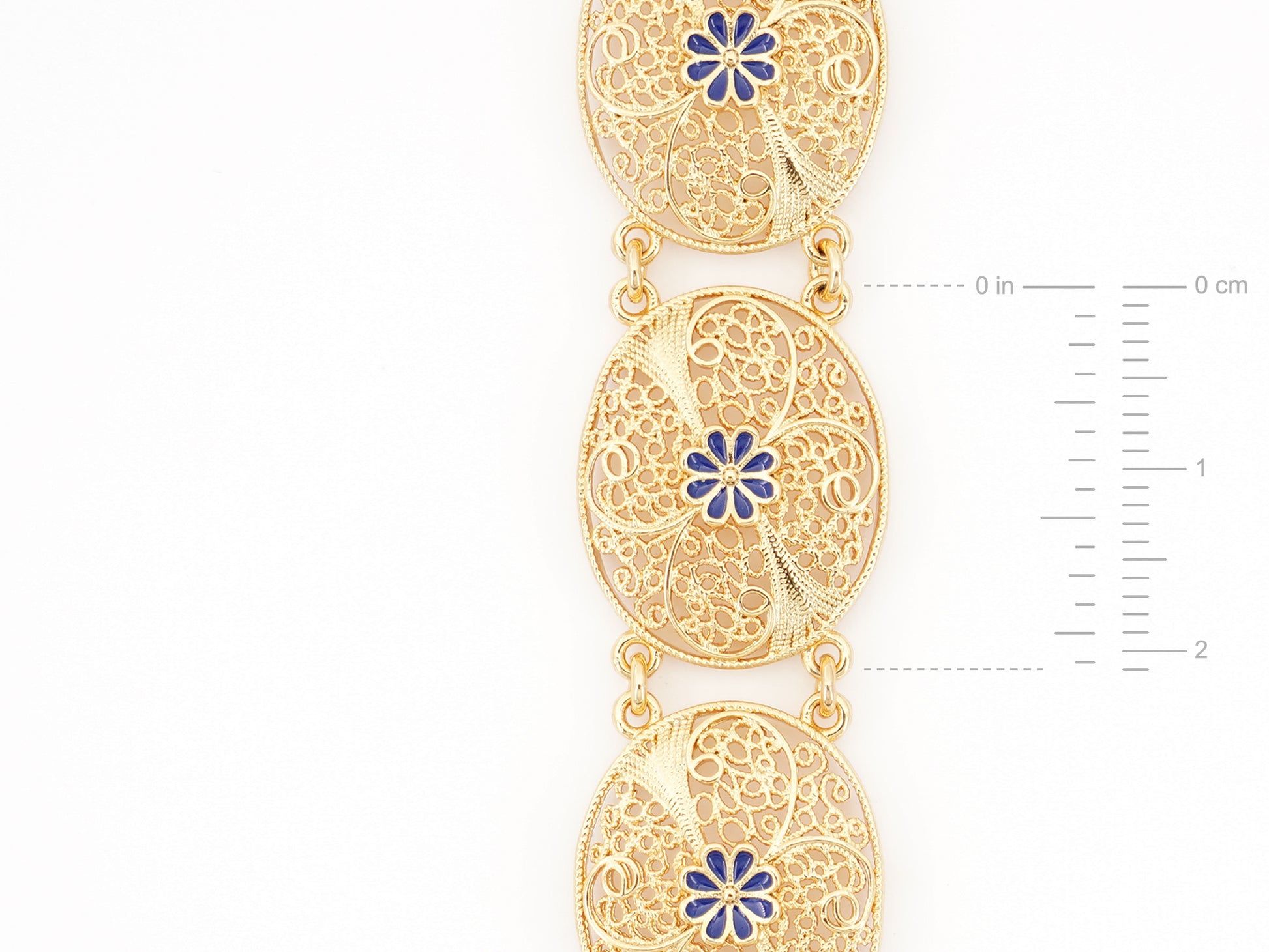 Pulseira Ovais com Pormenores Azuis, Inspirado na Filigrana Portuguesa, Aço Inoxidável Dourado - Medidas