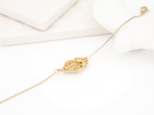 Pulseira Coração de Viana Tradicional Pequeno, Inspirado na Filigrana Portuguesa, Aço Inoxidável Dourado