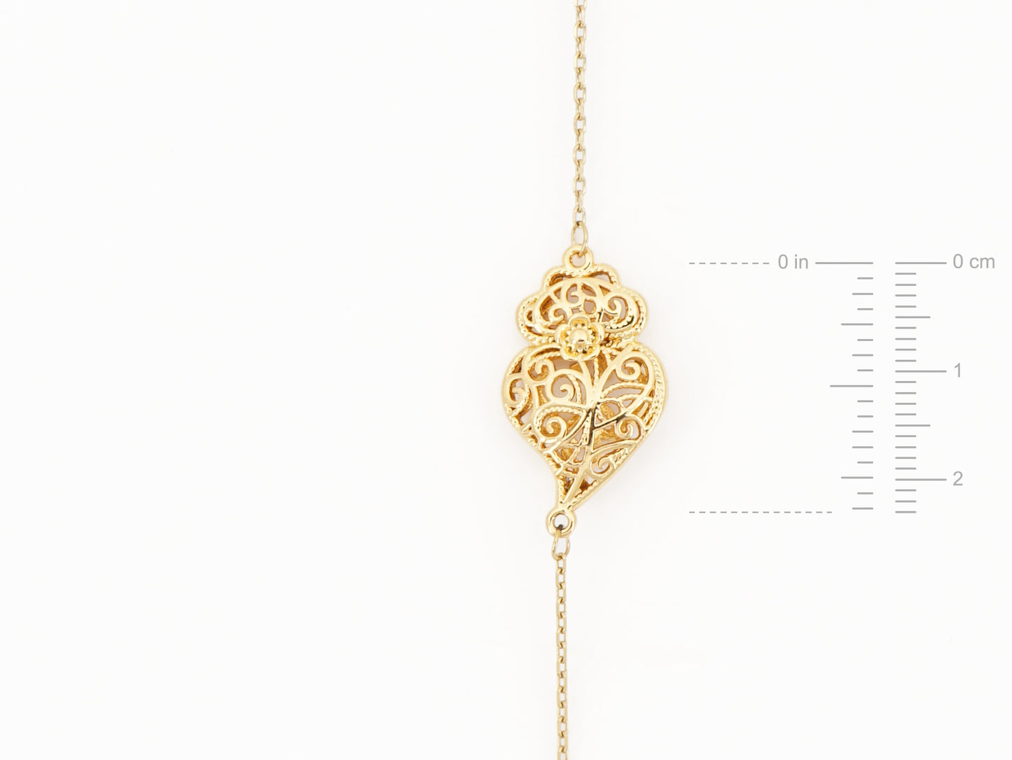 Pulseira Coração de Viana Tradicional Pequeno, Inspirado na Filigrana Portuguesa, Aço Inoxidável Dourado - Medidas