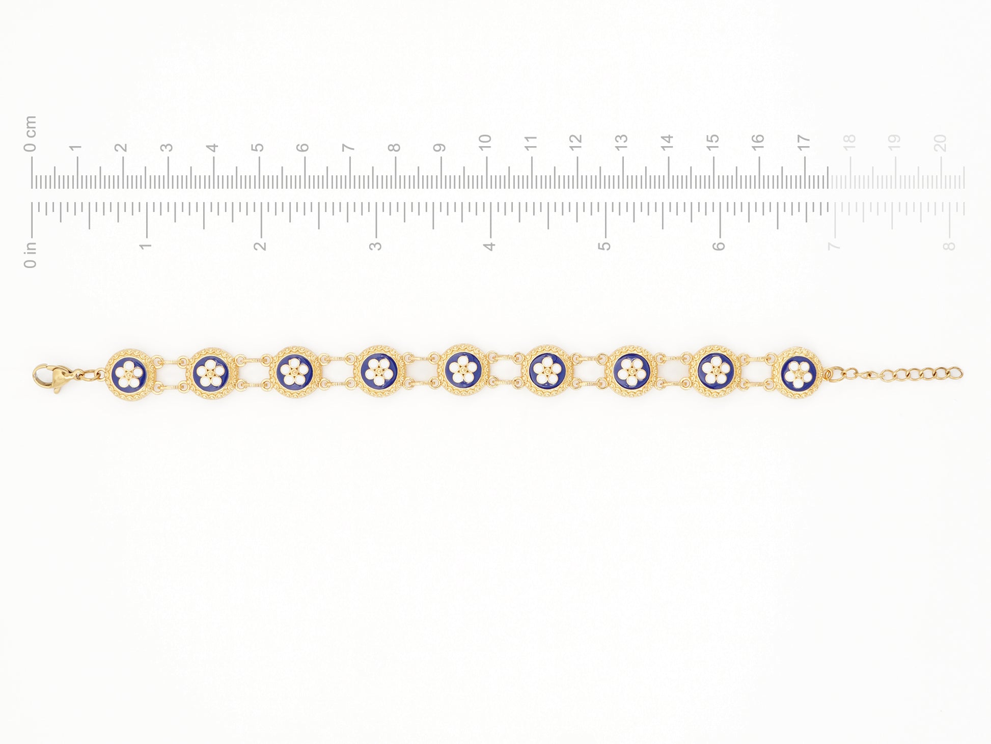 Pulseira Nove Caramujos Azuis, Inspirado na Filigrana Portuguesa, Aço Inoxidável Dourado - Medidas