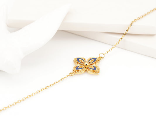 Pulseira Flor com Pormenores Azuis, Inspirado na Filigrana Portuguesa, Aço Inoxidável Dourado