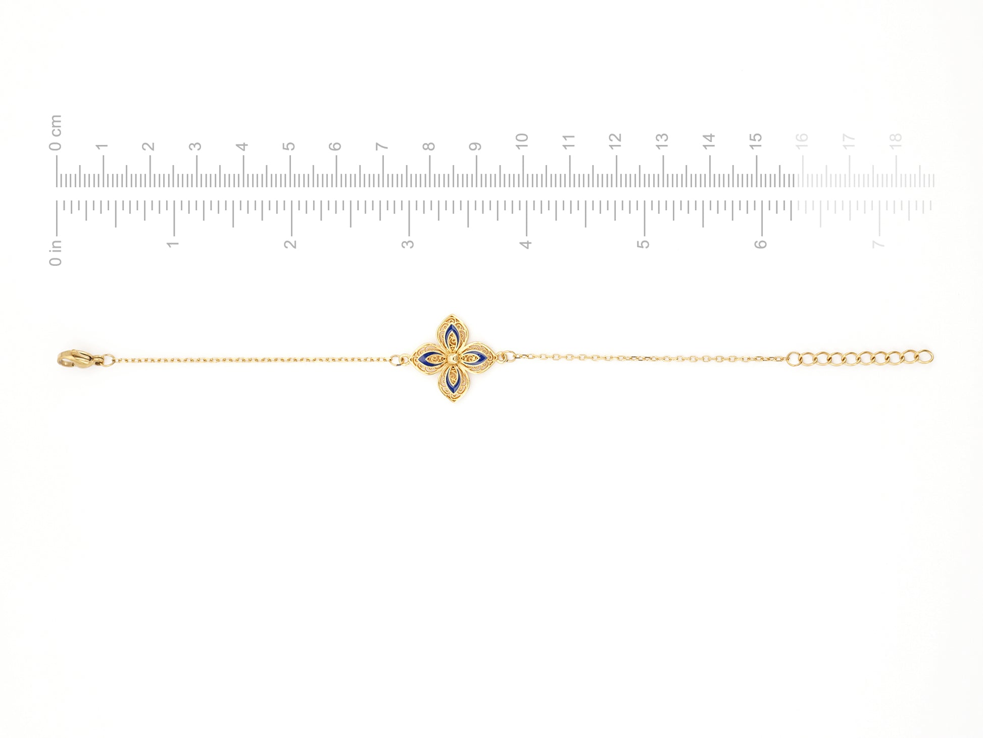 Pulseira Flor com Pormenores Azuis, Inspirado na Filigrana Portuguesa, Aço Inoxidável Dourado - Medidas