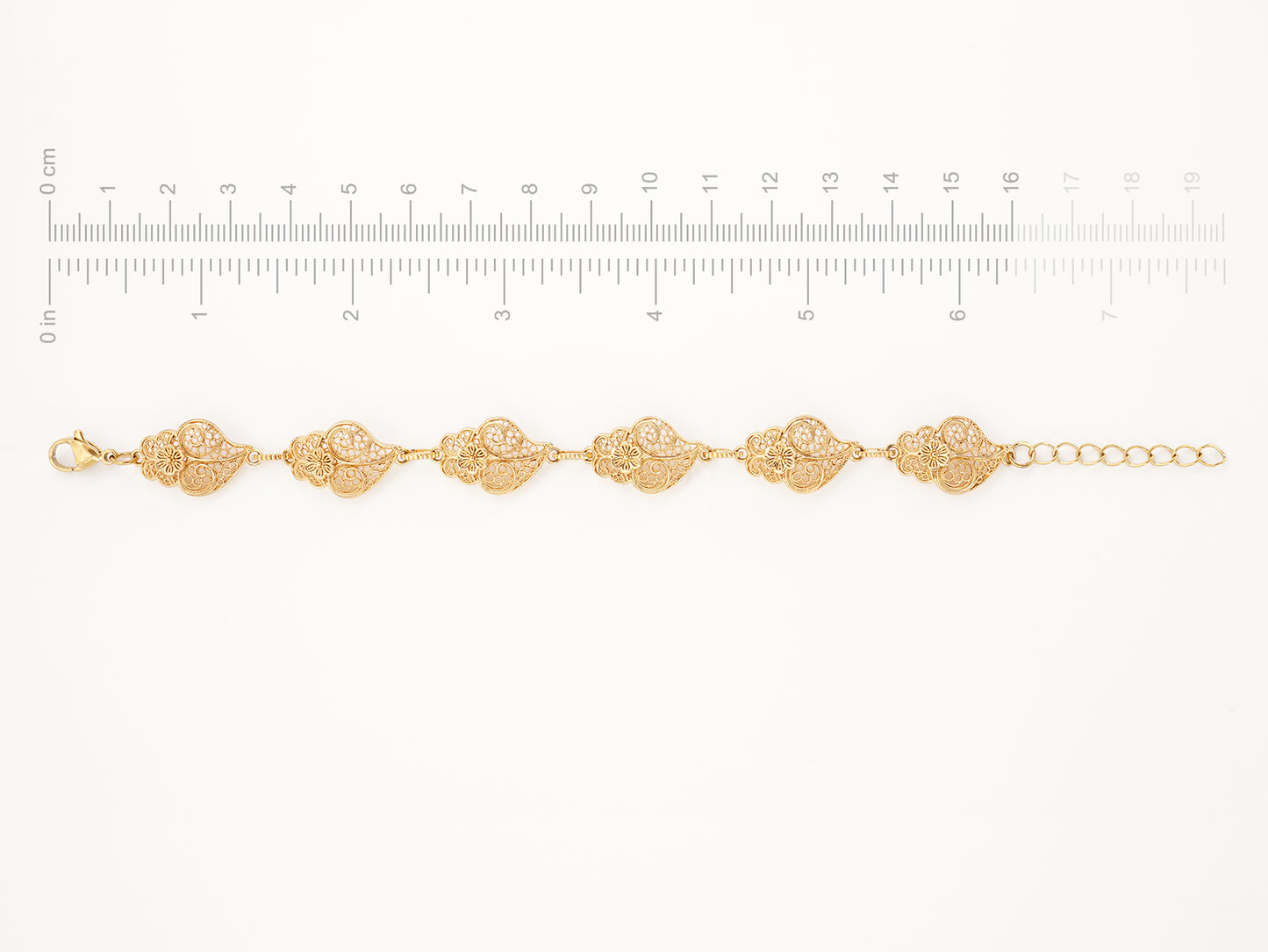 Pulseira Seis Corações de Viana, Inspirado na Filigrana Portuguesa, Aço Inoxidável Dourado - Medida Total