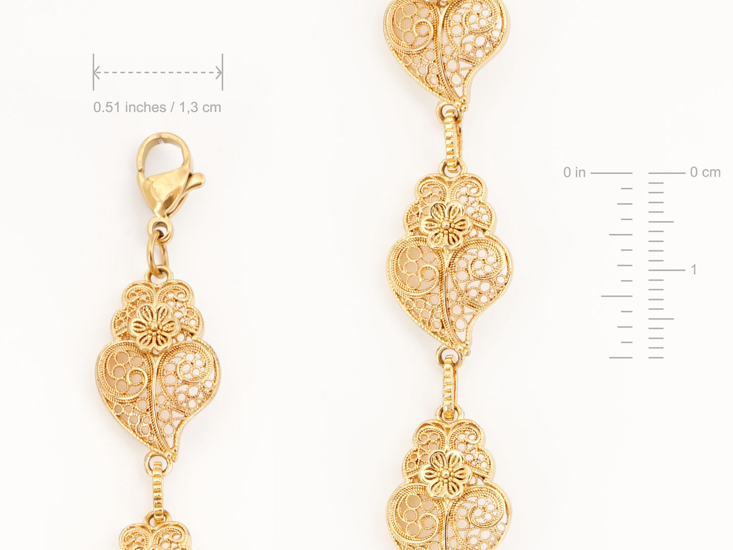 Pulseira Seis Corações de Viana, Inspirado na Filigrana Portuguesa, Aço Inoxidável Dourado - Medidas