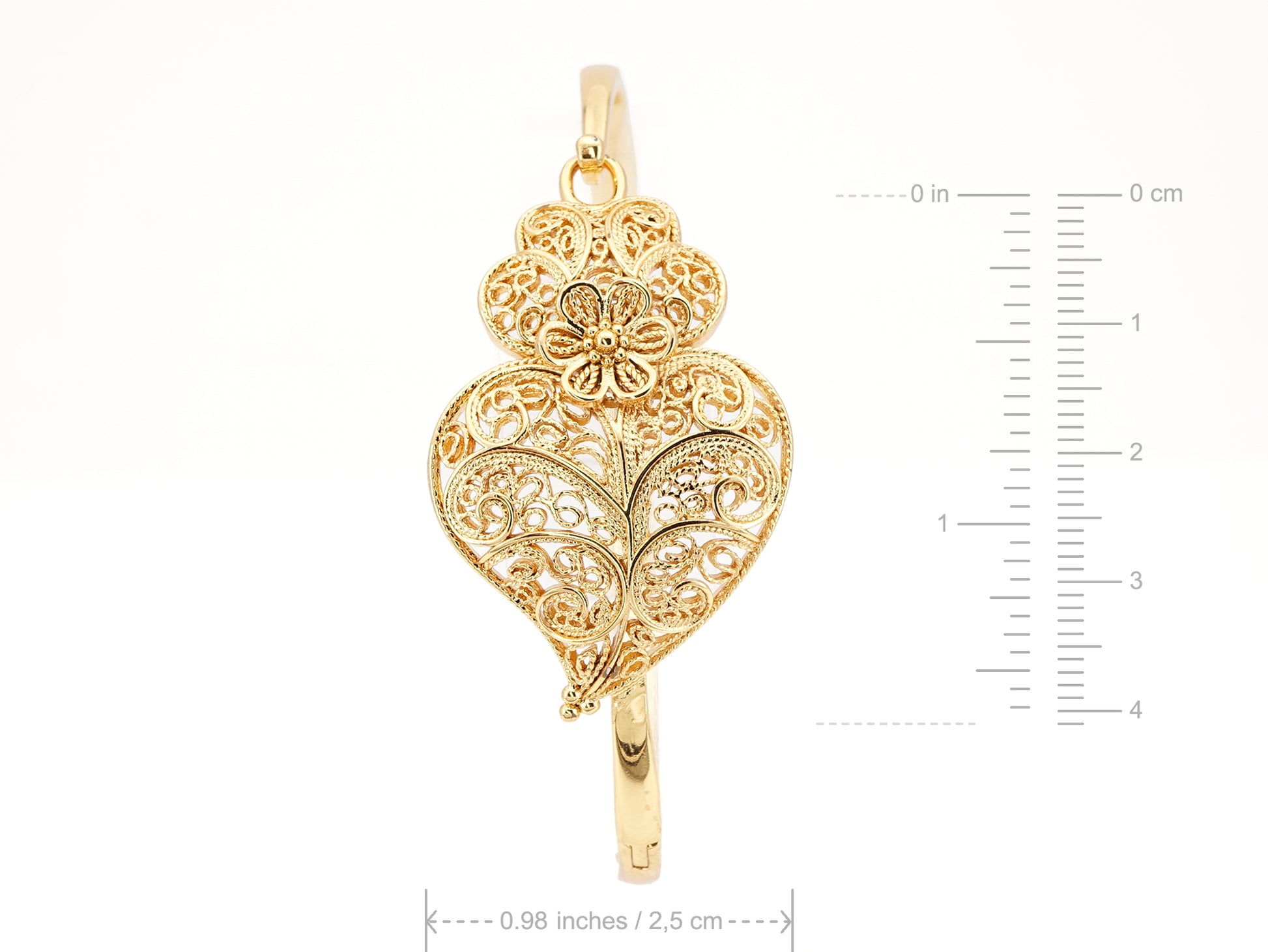 Pulseira Escrava Coração de Viana, Inspirado na Filigrana Portuguesa, Aço Inoxidável Dourado - Medidas