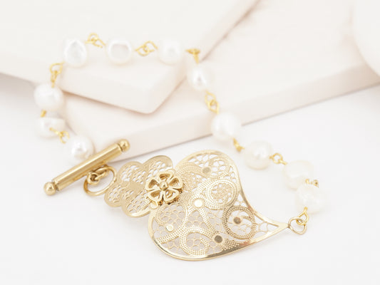Pulseira Coração de Viana e Pérolas, Inspirado na Filigrana Portuguesa, Aço Inoxidável Dourado
