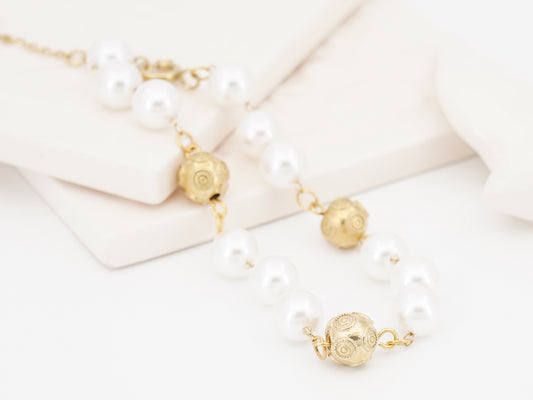 Pulseira Contas de Viana e Pérolas, Inspirado na Filigrana Portuguesa, Aço Inoxidável Dourado