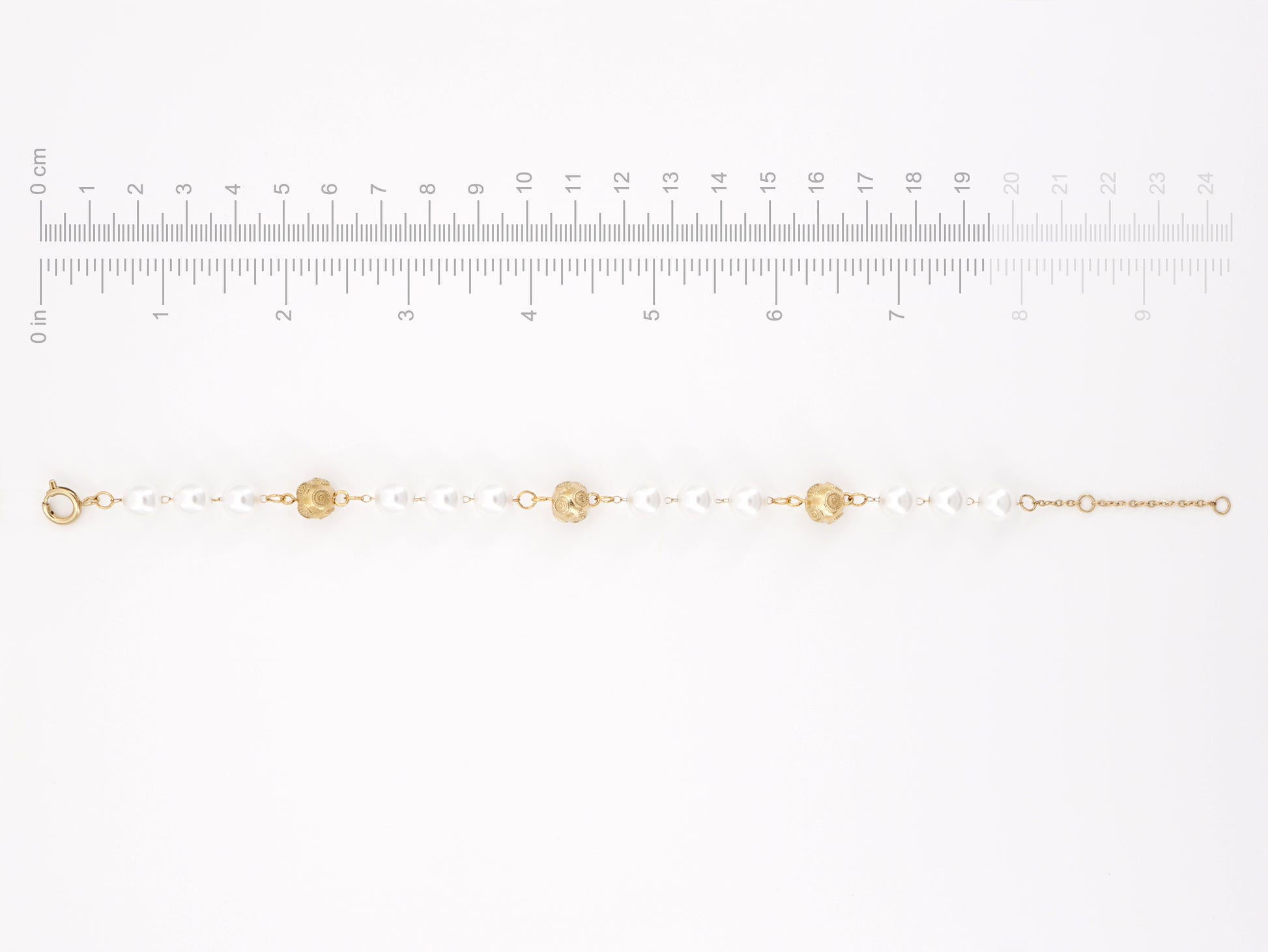 Pulseira Contas de Viana e Pérolas, Inspirado na Filigrana Portuguesa, Aço Inoxidável Dourado - Medidas