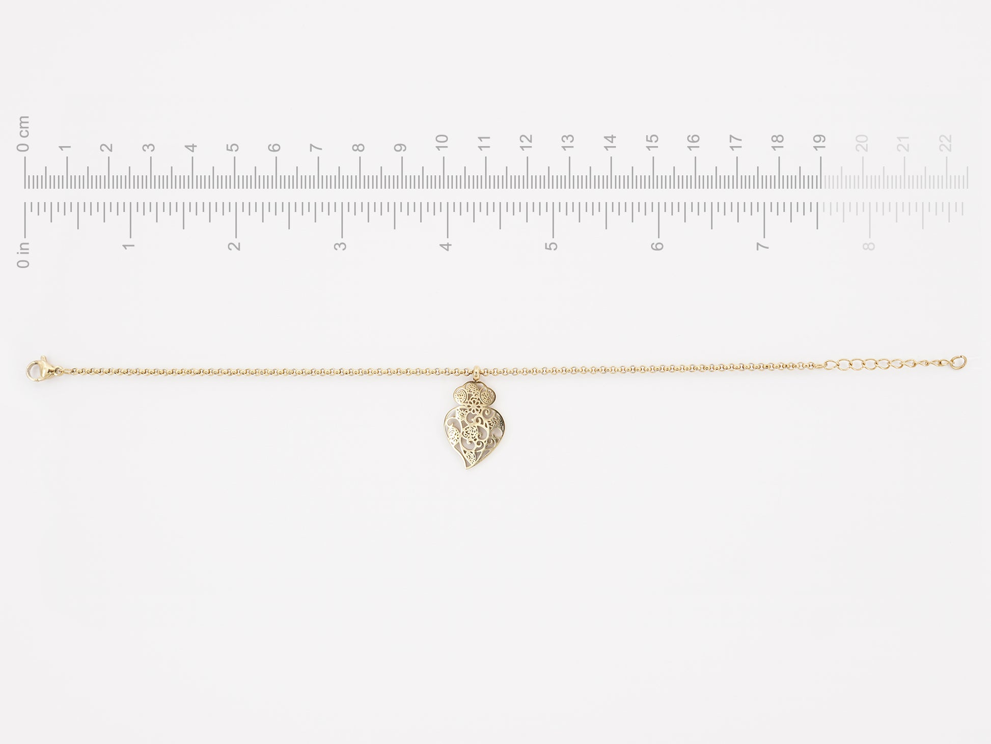 Pulseira Coração de Viana Estilizado, Inspirado na Filigrana Portuguesa, Aço Inoxidável Dourado - Medidas