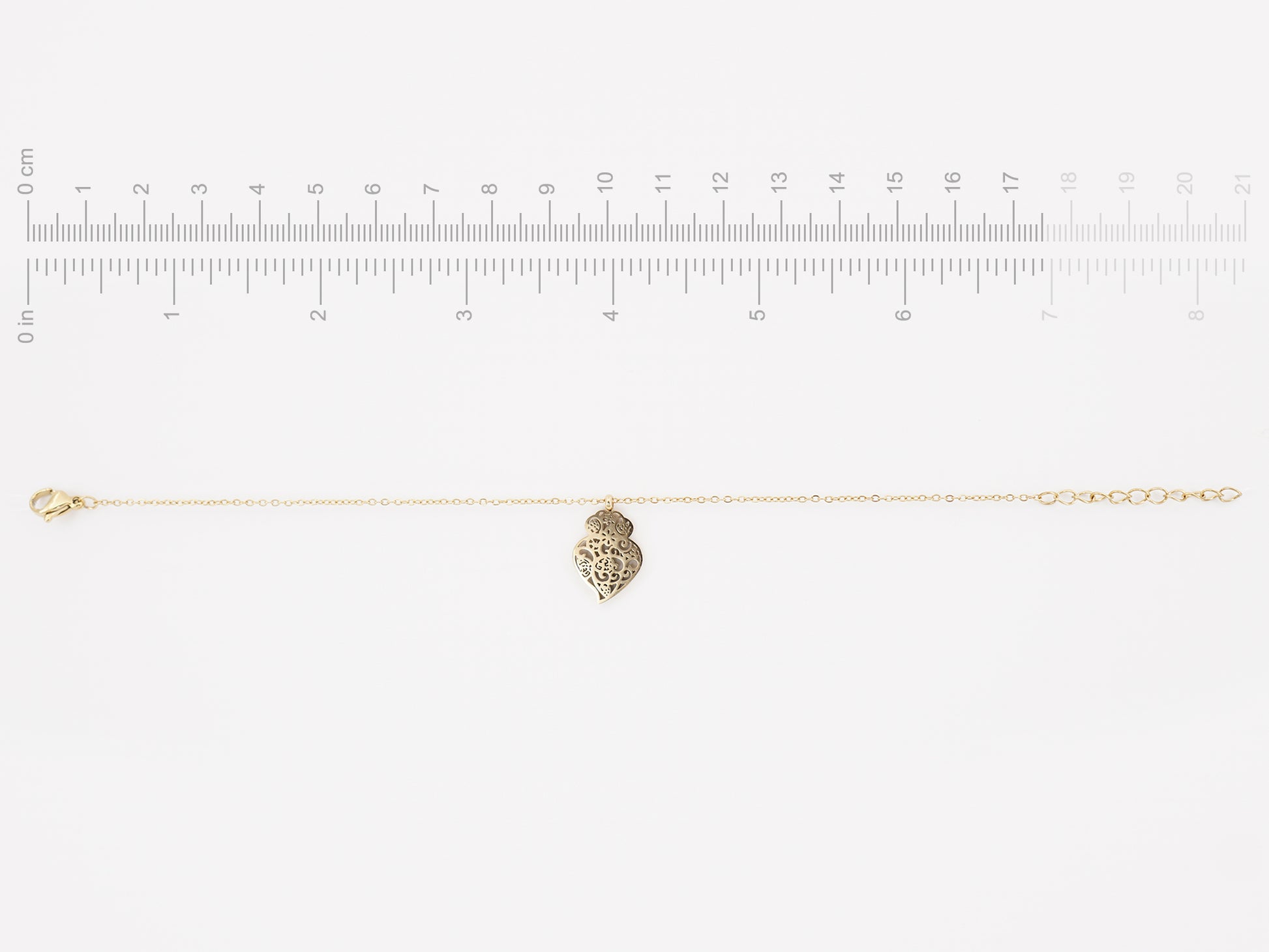 Pulseira Coração de Viana Estilizado Pequeno, Inspirado na Filigrana Portuguesa, Aço Inoxidável Dourado - Medidas