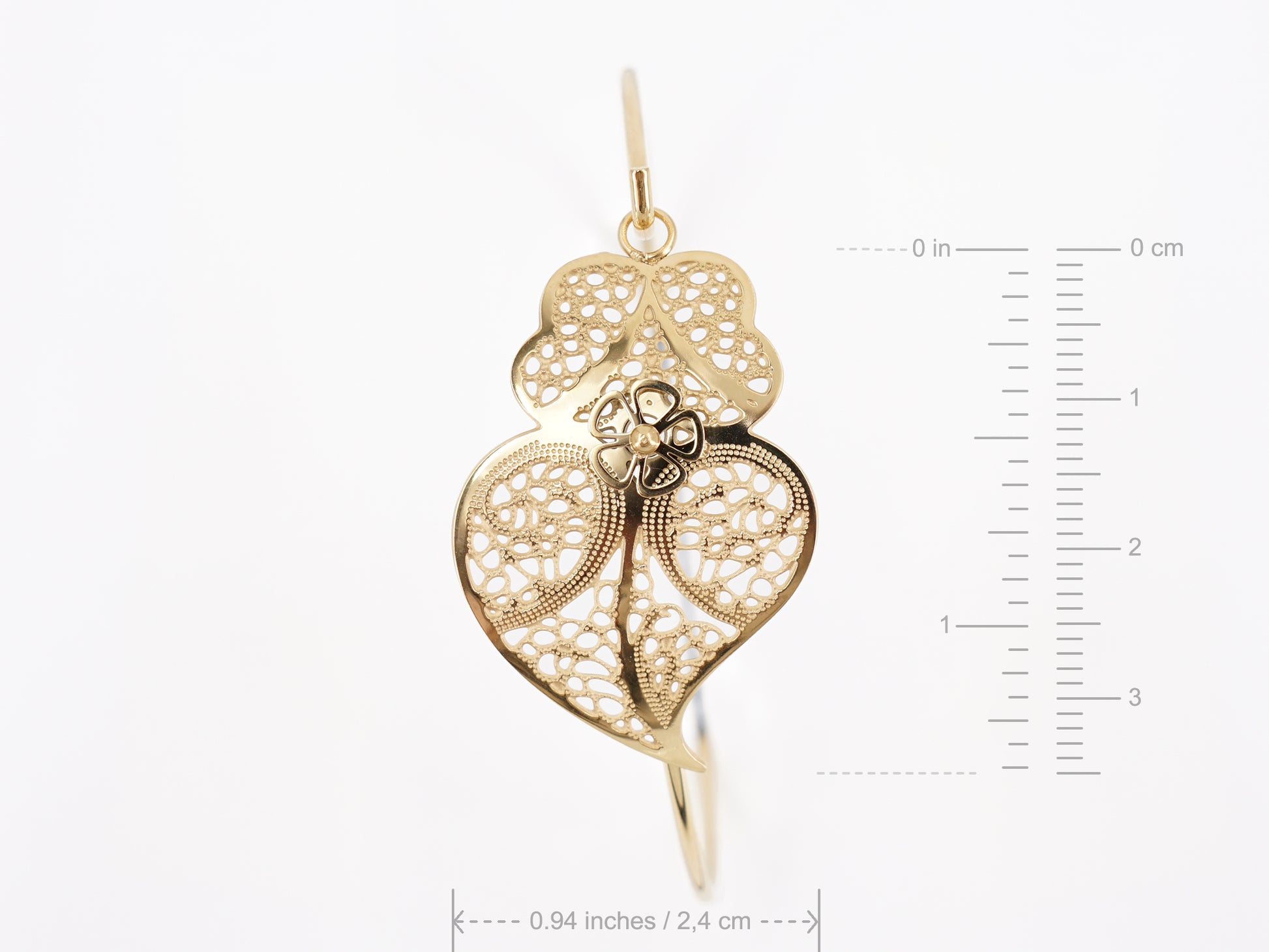 Pulseira Escrava Coração de Viana Estilizado, Inspirado na Filigrana Portuguesa, Aço Inoxidável Dourado - Medidas