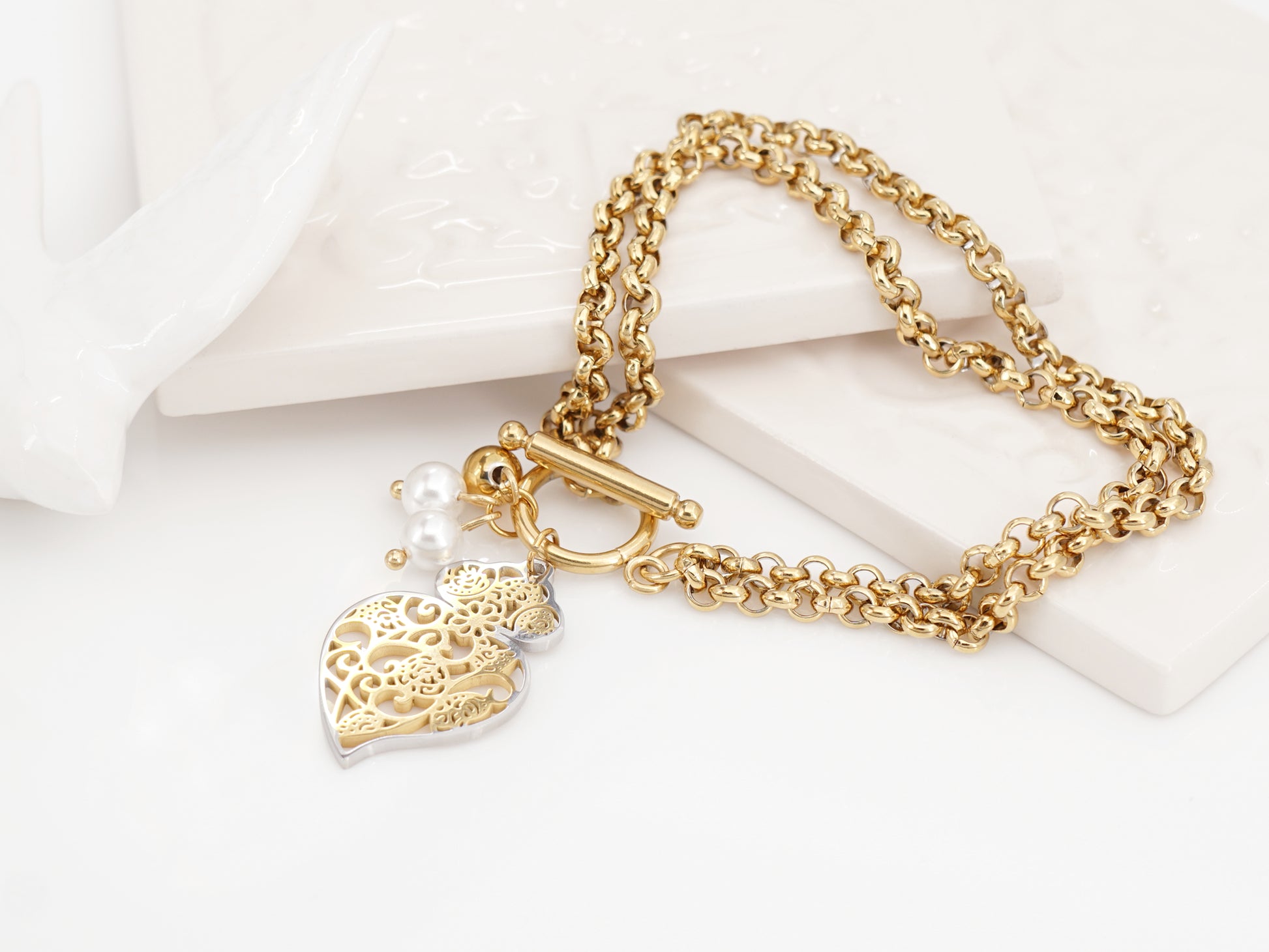Pulseira Multipla Coração de Viana Estilizado, Inspirado na Filigrana Portuguesa, Aço Inoxidável Dourado