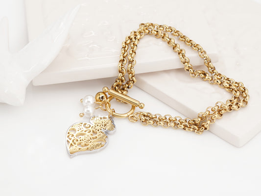 Pulseira Multipla Coração de Viana Estilizado, Inspirado na Filigrana Portuguesa, Aço Inoxidável Dourado