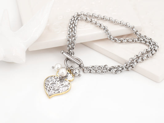 Pulseira Multipla Coração de Viana Estilizado, Inspirado na Filigrana Portuguesa, Aço Inoxidável