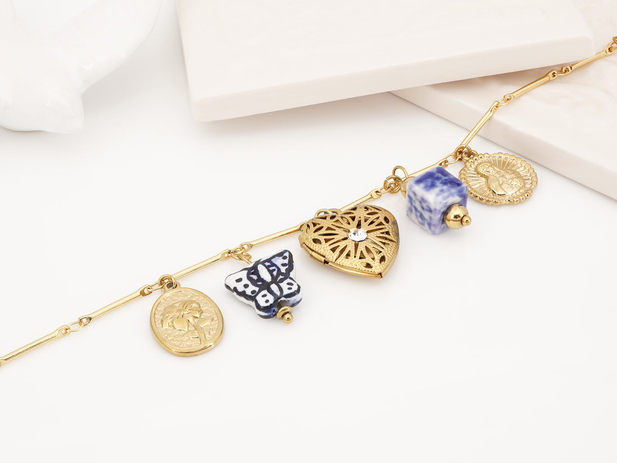 Pulseira de Berloques Tons Azuis, Inspirado na Filigrana Portuguesa, Aço Inoxidável Dourado