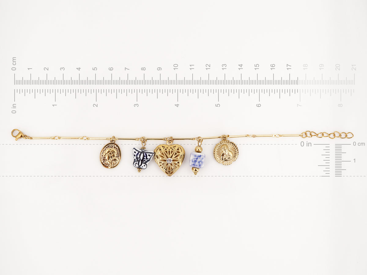 Pulseira de Berloques Tons Azuis, Inspirado na Filigrana Portuguesa, Aço Inoxidável Dourado - Medidas e Proporções