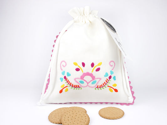 Saco Lanche com Rebordo Rosa, Bordado de Viana