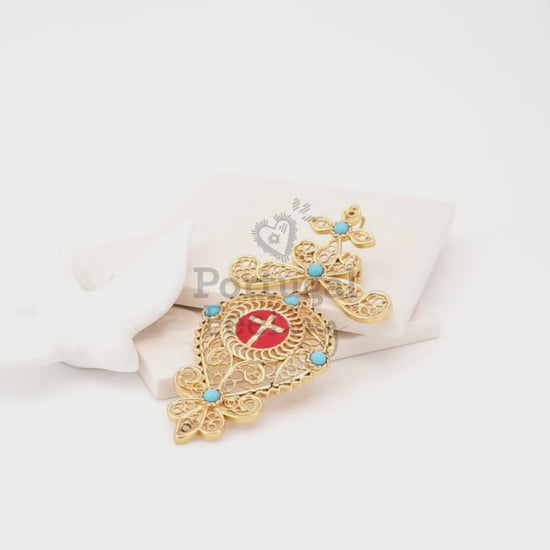 Alfinete Relicário Grande, Inspirado na Filigrana Portuguesa, Aço Inoxidável Dourado - Vídeo