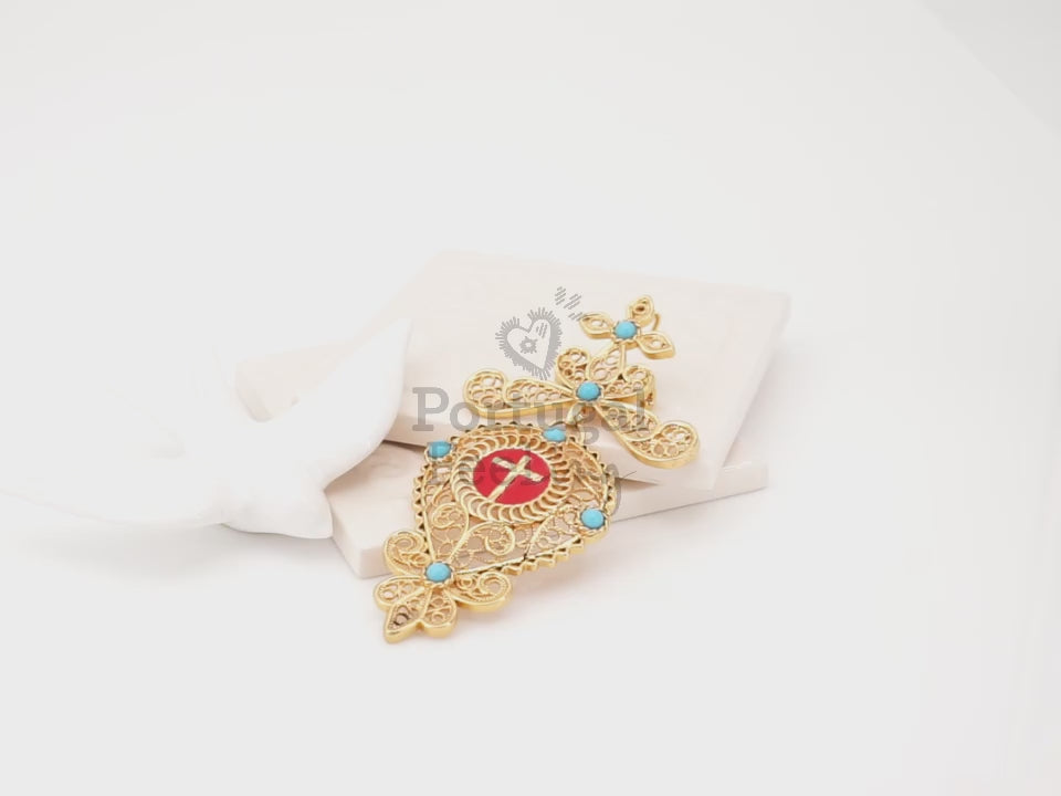 Alfinete Relicário Grande, Inspirado na Filigrana Portuguesa, Aço Inoxidável Dourado - Vídeo