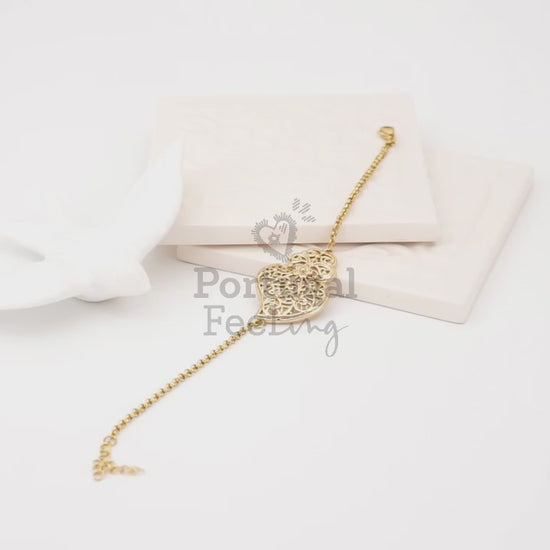 Pulseira Coração de Viana Tradicional, Inspirado na Filigrana Portuguesa, Aço Inoxidável Dourado - Vídeo