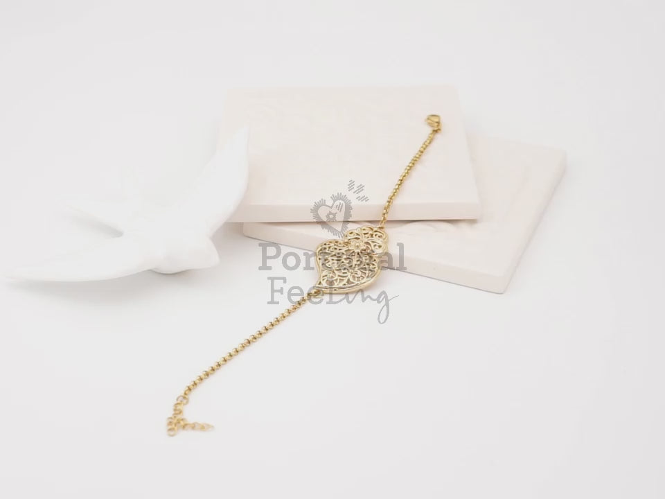 Pulseira Coração de Viana Tradicional, Inspirado na Filigrana Portuguesa, Aço Inoxidável Dourado - Vídeo