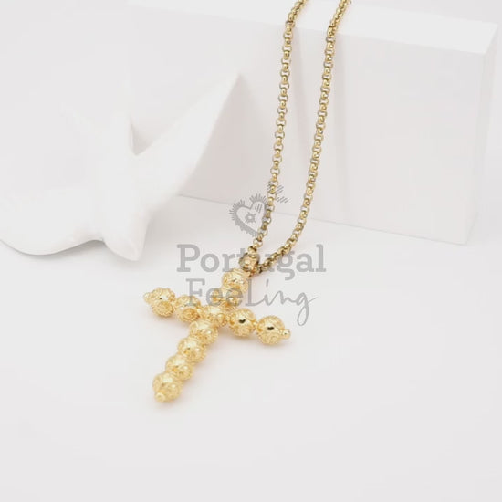 Colar Cruz Contas de Viana, Inspirado na Filigrana Portuguesa, Aço Inoxidável Dourado - Vídeo