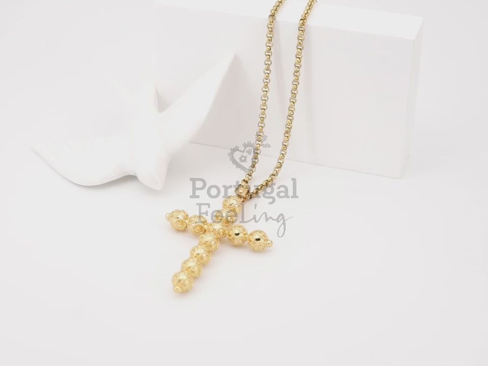 Colar Cruz Contas de Viana, Inspirado na Filigrana Portuguesa, Aço Inoxidável Dourado - Vídeo