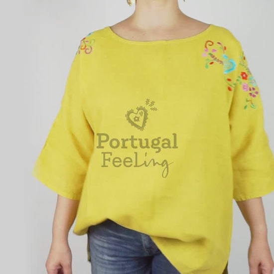 Blusa Amarela, em Linho com Bordado de Viana, Tamanho Único - Vídeo