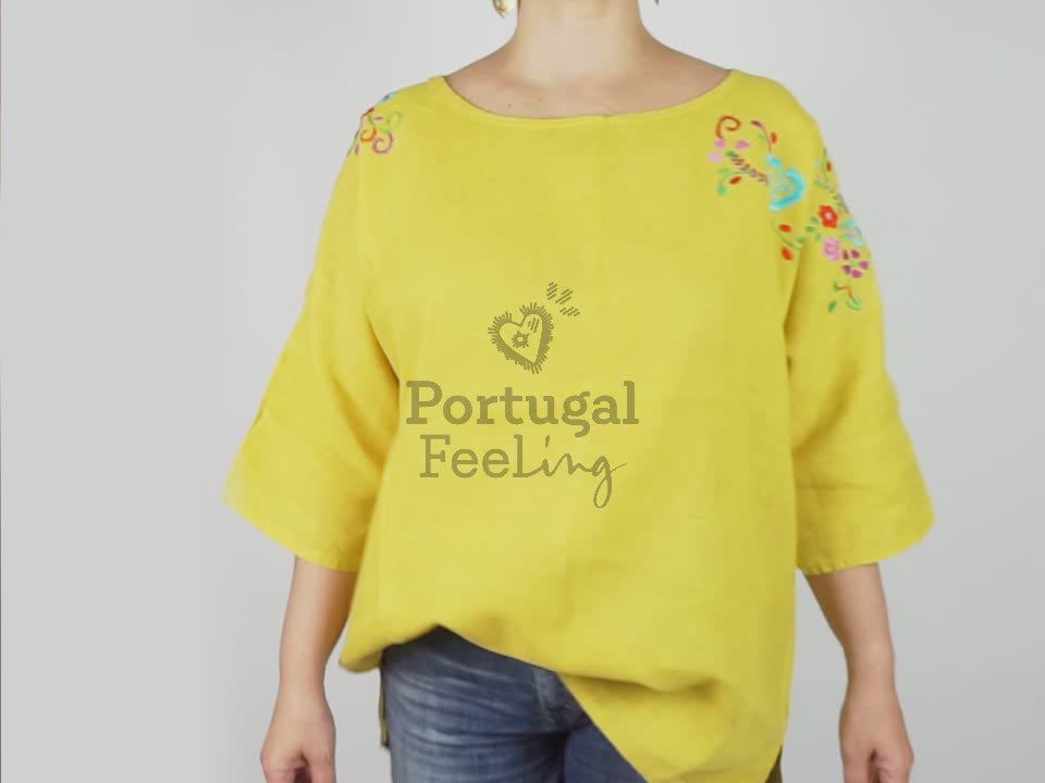 Blusa Amarela, em Linho com Bordado de Viana, Tamanho Único - Vídeo