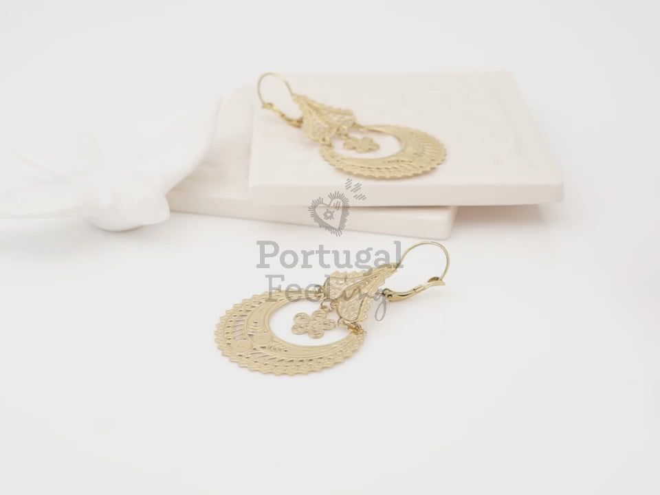Brincos Arrecadas Grandes, Inspirados na Filigrana Portuguesa, Aço Inoxidável Dourado - Vídeo