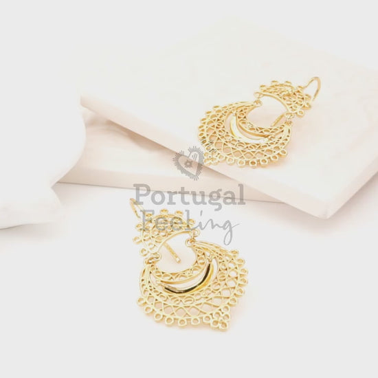 Brincos Arrecadas, Inspirados na Filigrana Portuguesa, Aço Inoxidável Dourado - Vídeo