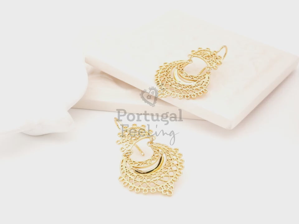 Brincos Arrecadas, Inspirados na Filigrana Portuguesa, Aço Inoxidável Dourado - Vídeo