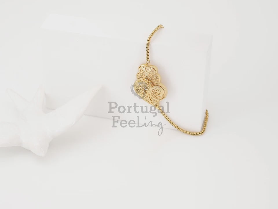 Pulseira Coração de Viana Tradicional, Inspirado na Filigrana Portuguesa, Aço Inoxidável Dourado - Vídeo