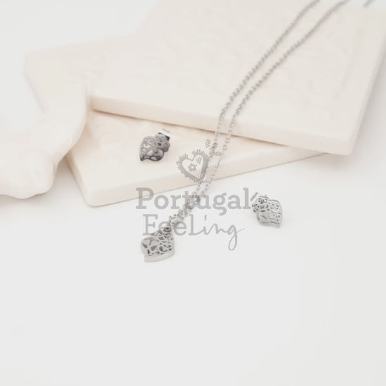 Conjunto Coração de Viana Mini, Brincos e Colar, Inspirados na Filigrana Portuguesa, Aço Inoxidável - Vídeo